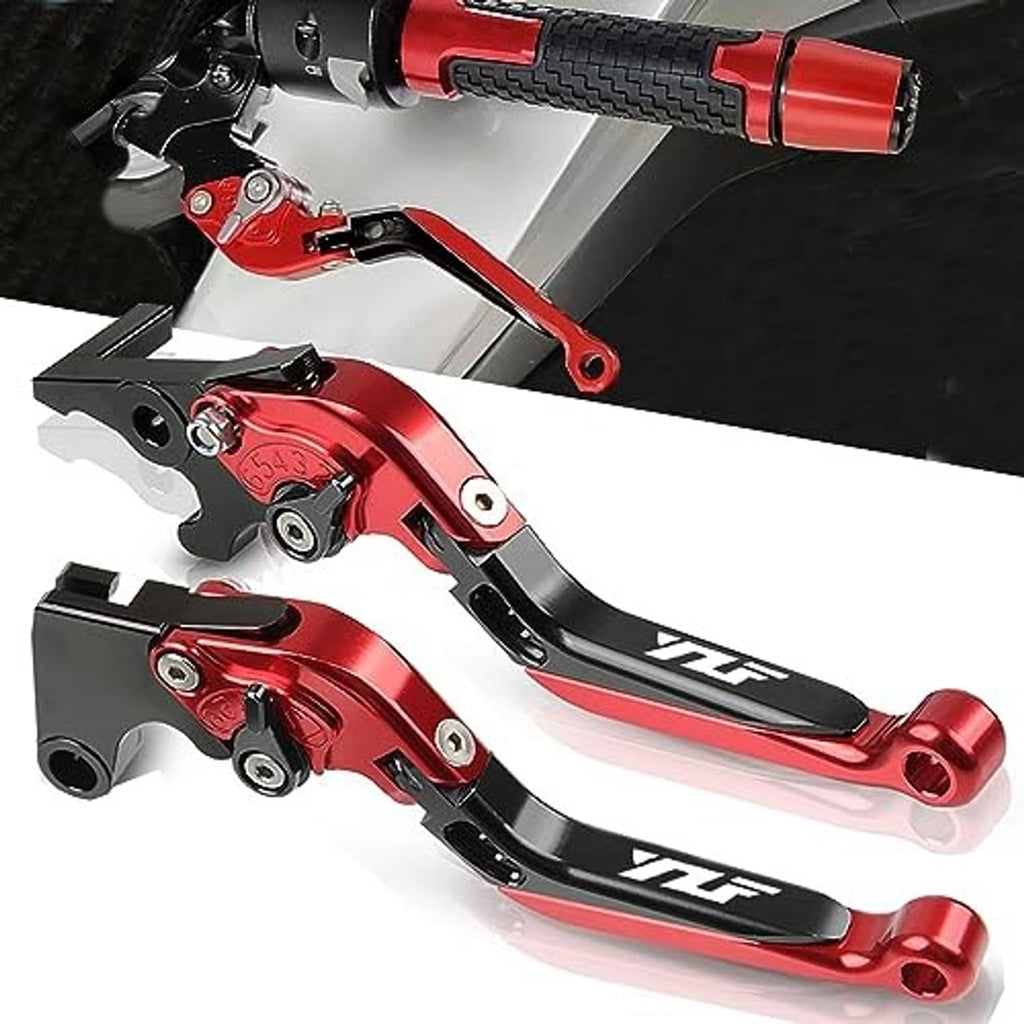 Red and black motorcycle brake and clutch lever set, angled view of both levers