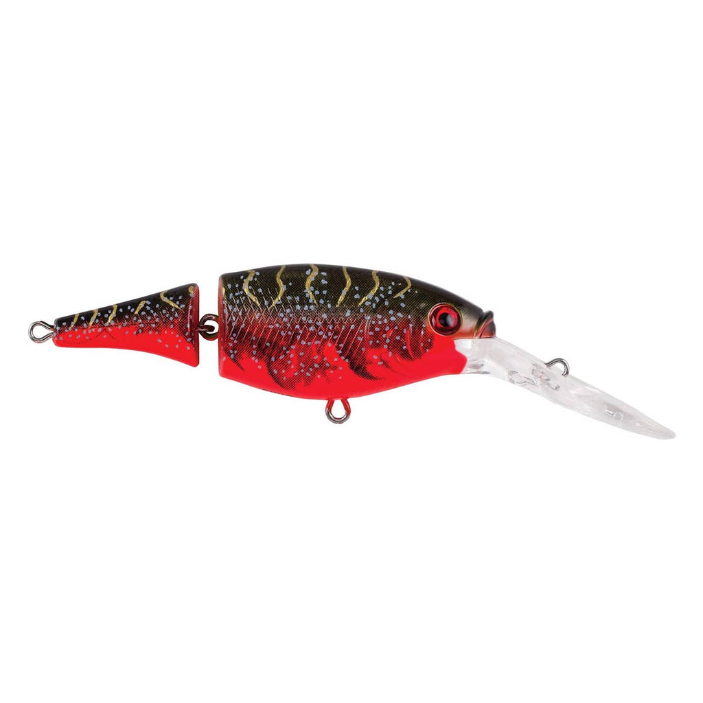 Jointed crankbait fishing lure, red and black speckled body with clear lip and treble hooks