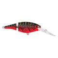 Jointed crankbait fishing lure, red and black speckled body with clear lip and treble hooks