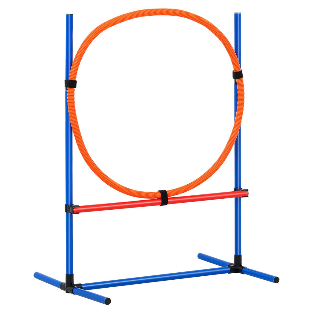 Close-up of orange hoop jump ring and blue support frame with red crossbar
