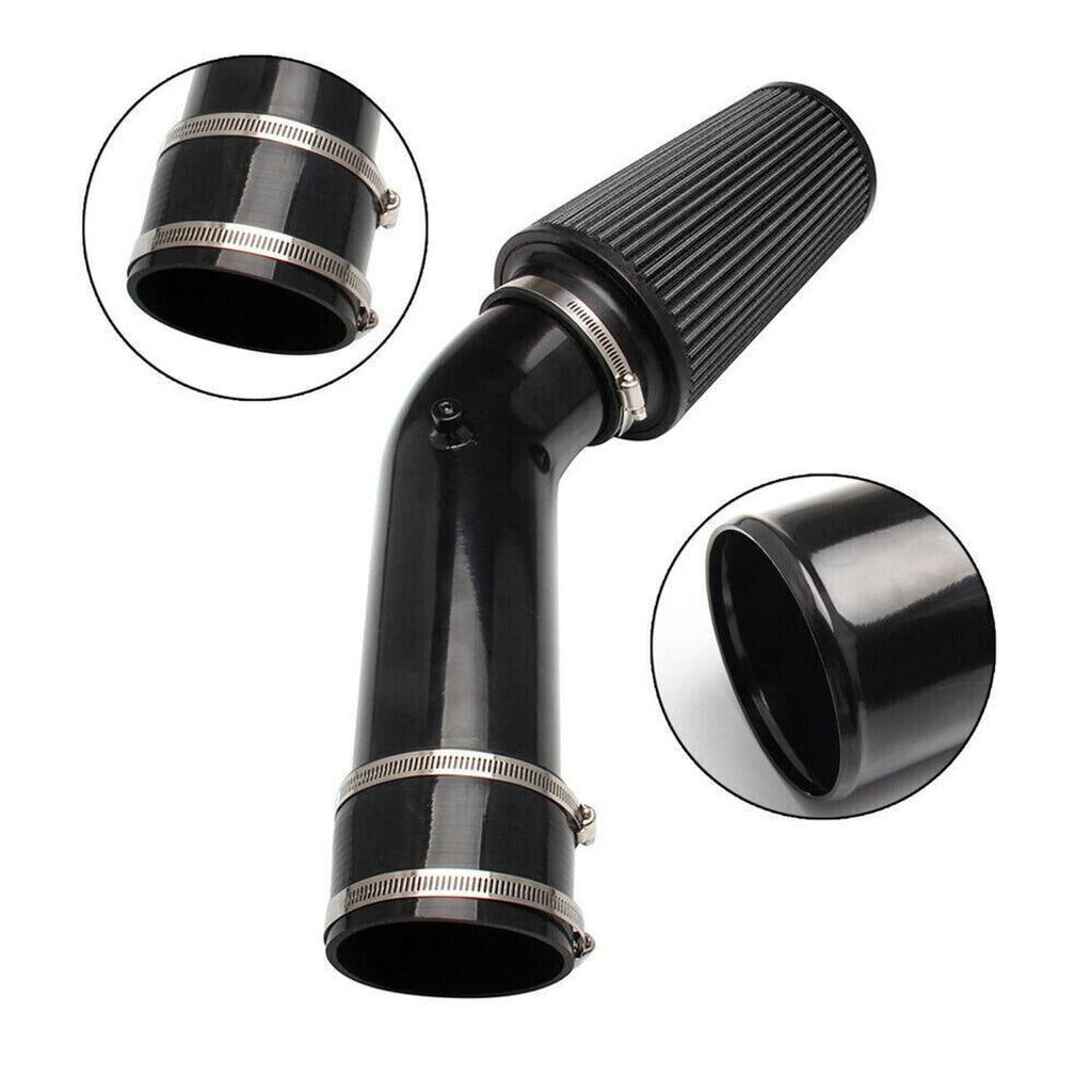 Black elbow intake tube with cone air filter and silver band clamp rings
