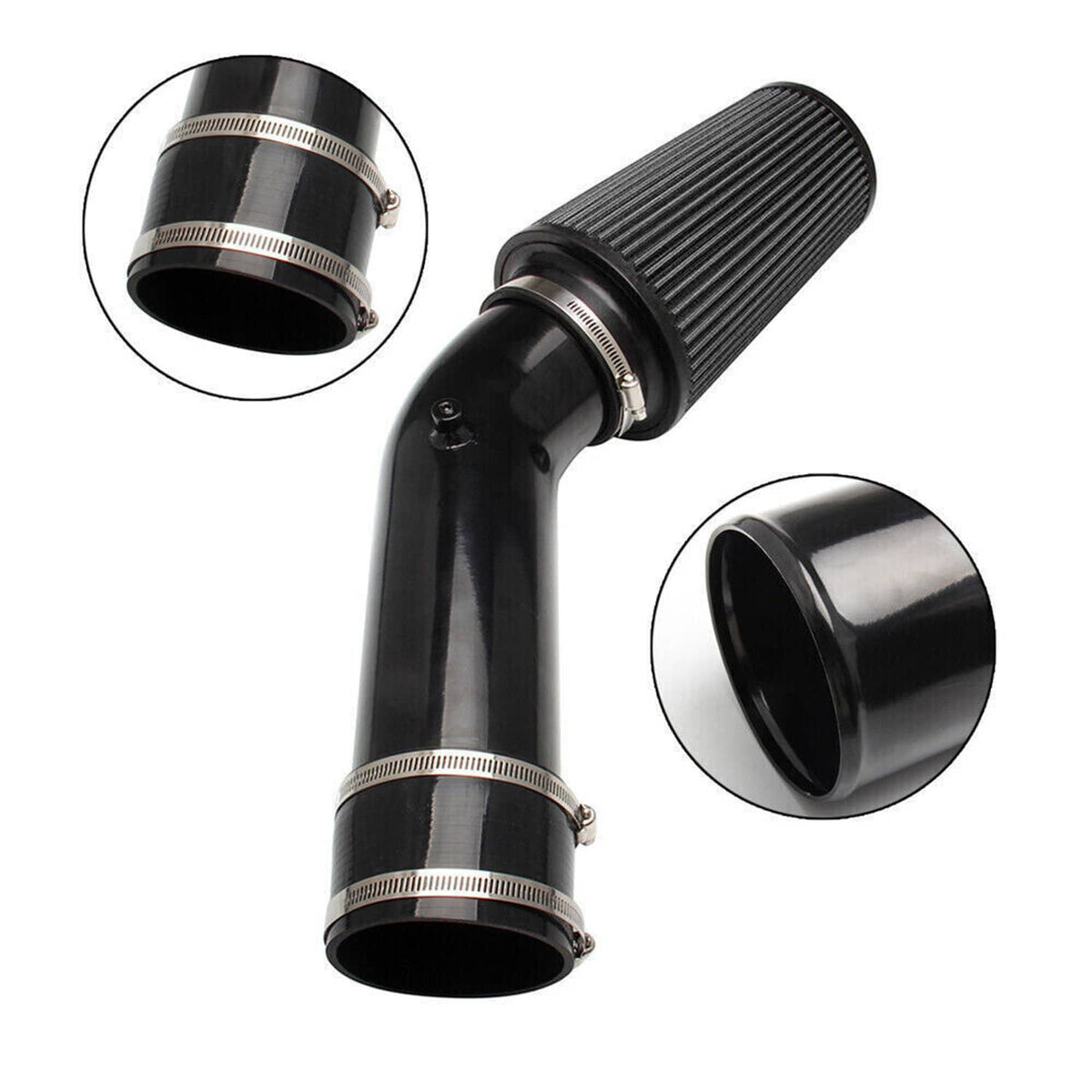 Black elbow intake tube with cone air filter and silver band clamp rings
