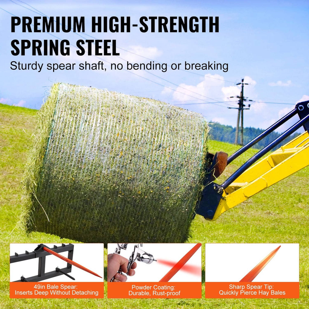 Hay spear bale attachment with orange spear shaft over hay bale