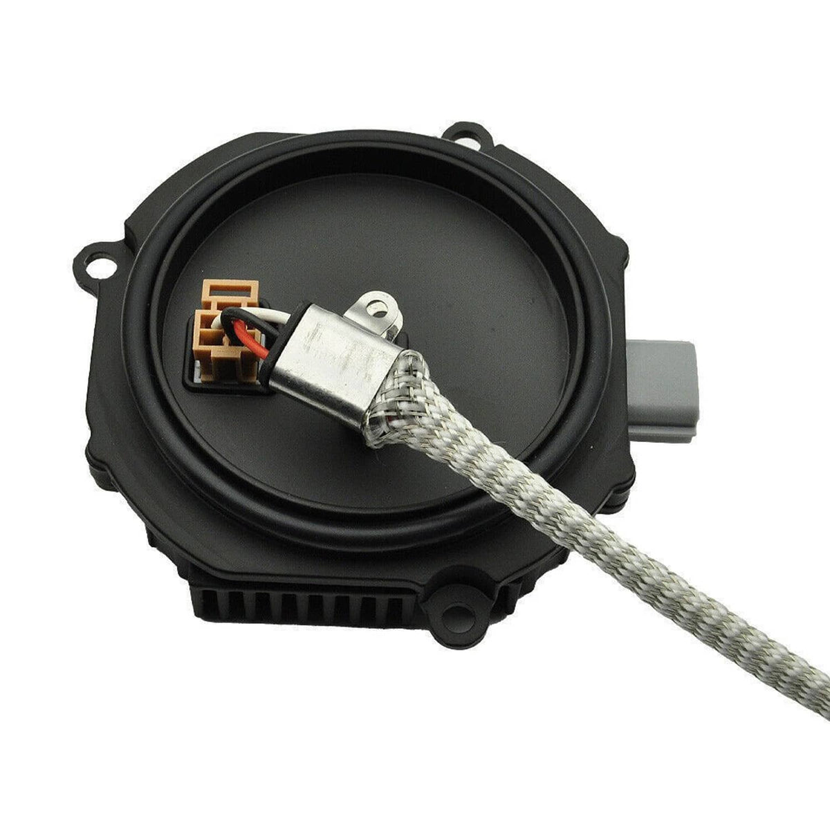 HID igniter module with orange plug terminals and braided wire harness