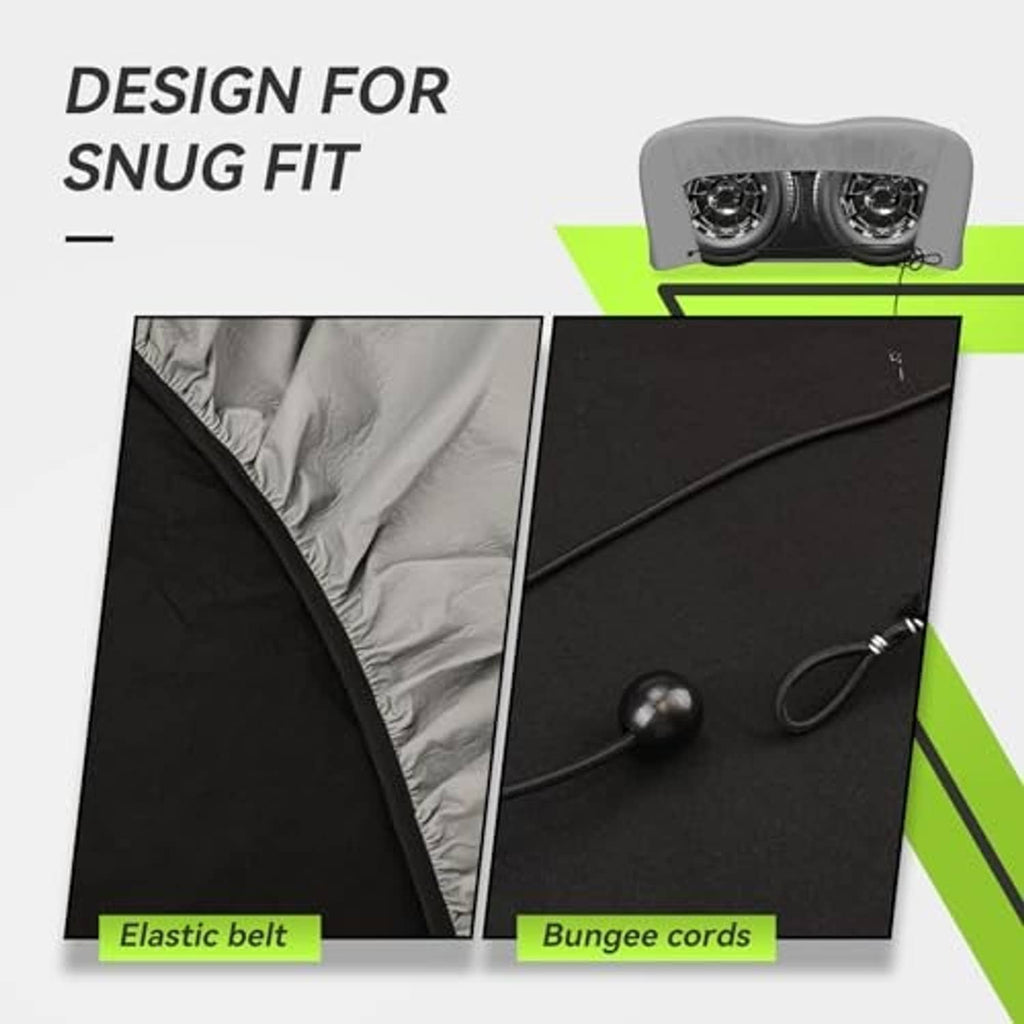 Dual axle tire cover with elastic belt and bungee cords for snug fit