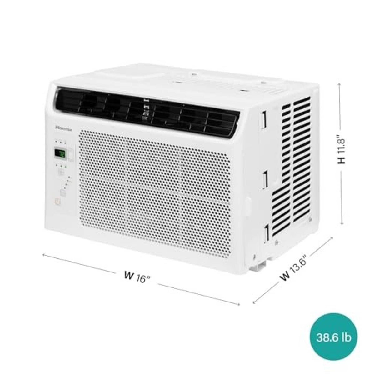White window air conditioner with size markings: 16 in W and 11.8 in H