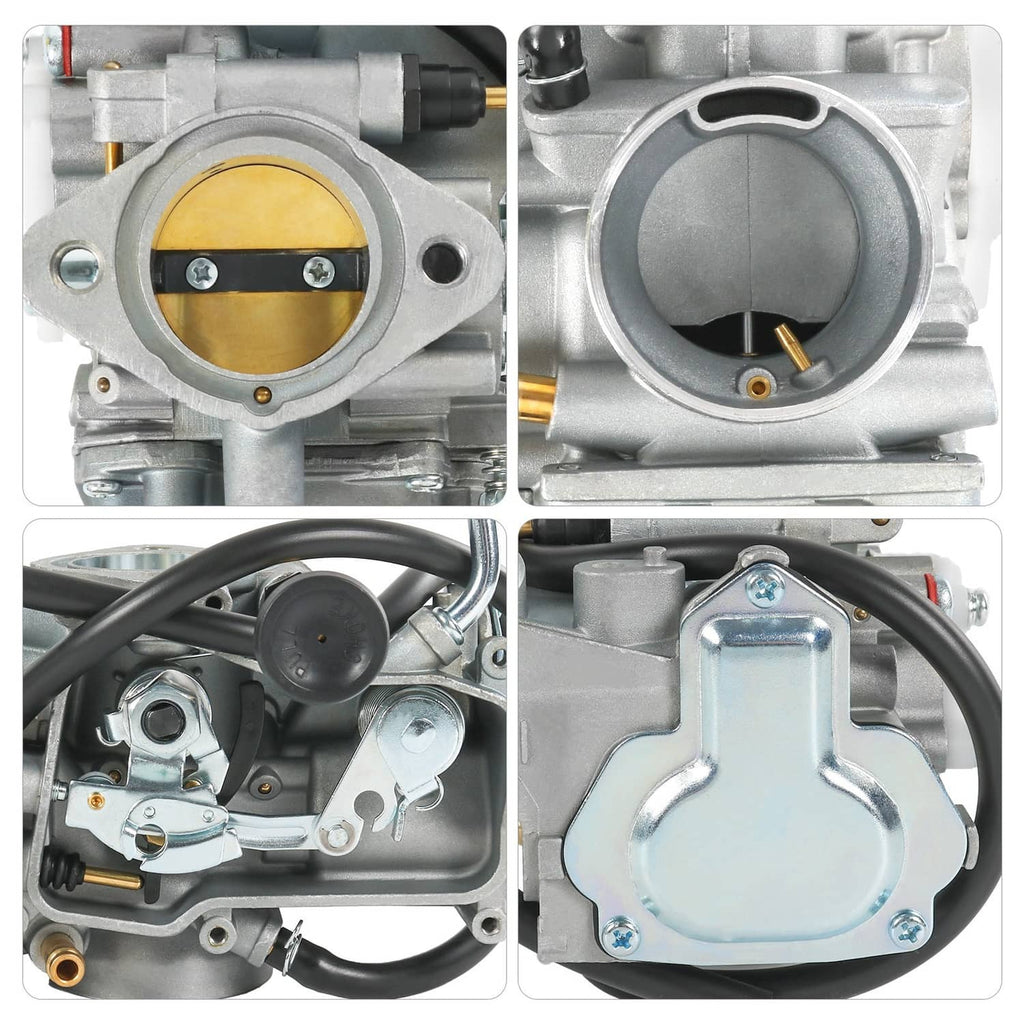 ATV carburetor close-ups: throttle bore, mounting plate, and intake connection