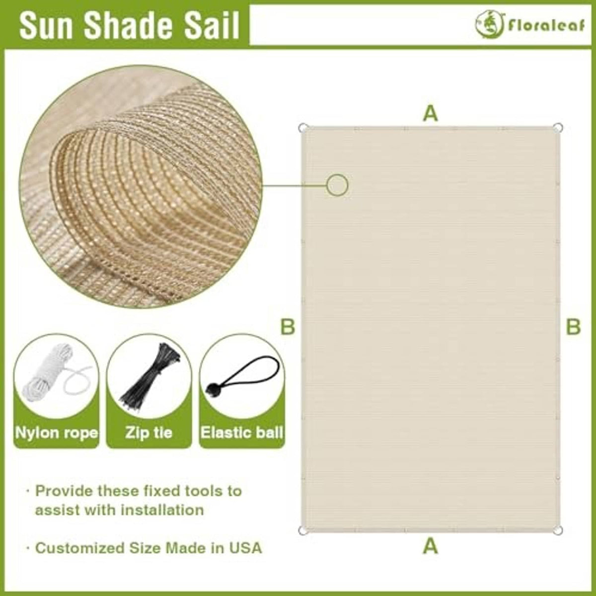 Beige woven shade sail rectangle with metal grommets and fastening tool icons