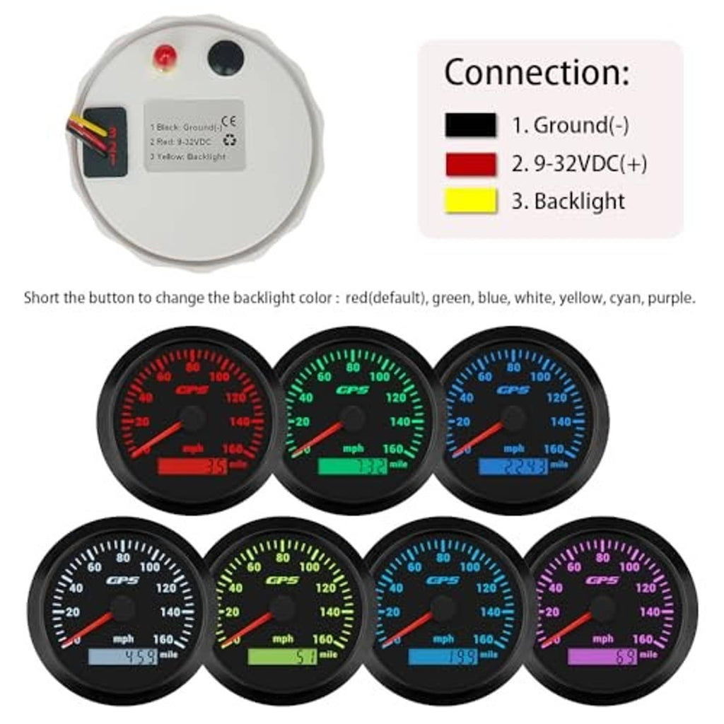 GPS speedometer gauge set with selectable backlight colors, round black face, mph scale