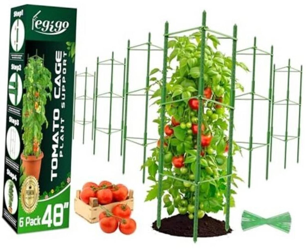 6-pack green tomato plant cages with tall wire frame for garden support