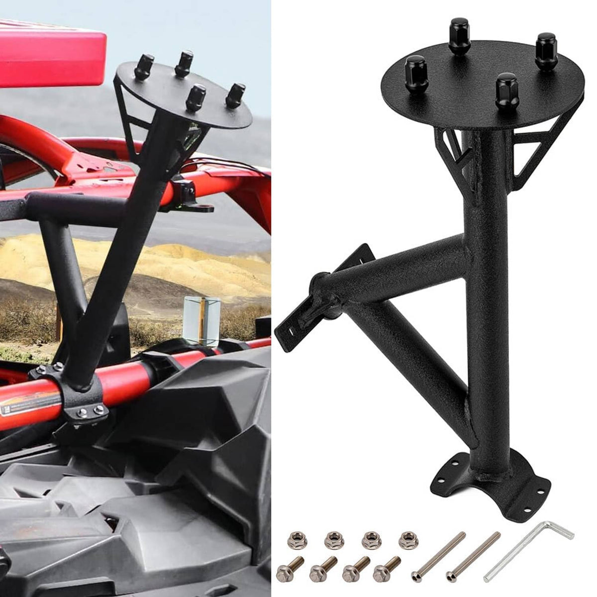 Black spare tire mount rack post with round top plate and included bolts