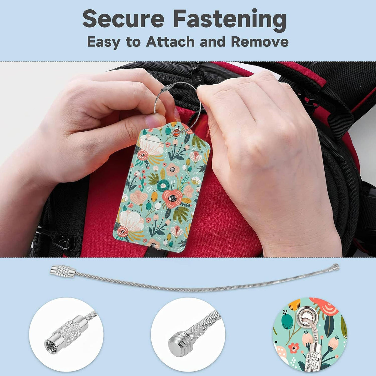 Floral luggage tag with metal ring and braided cord, shown being attached to a suitcase