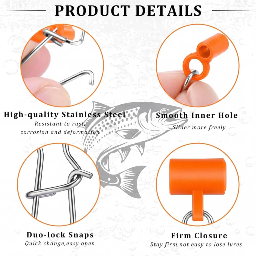 Fishing sinker slide details: orange firm-closure snap with smooth stainless hook