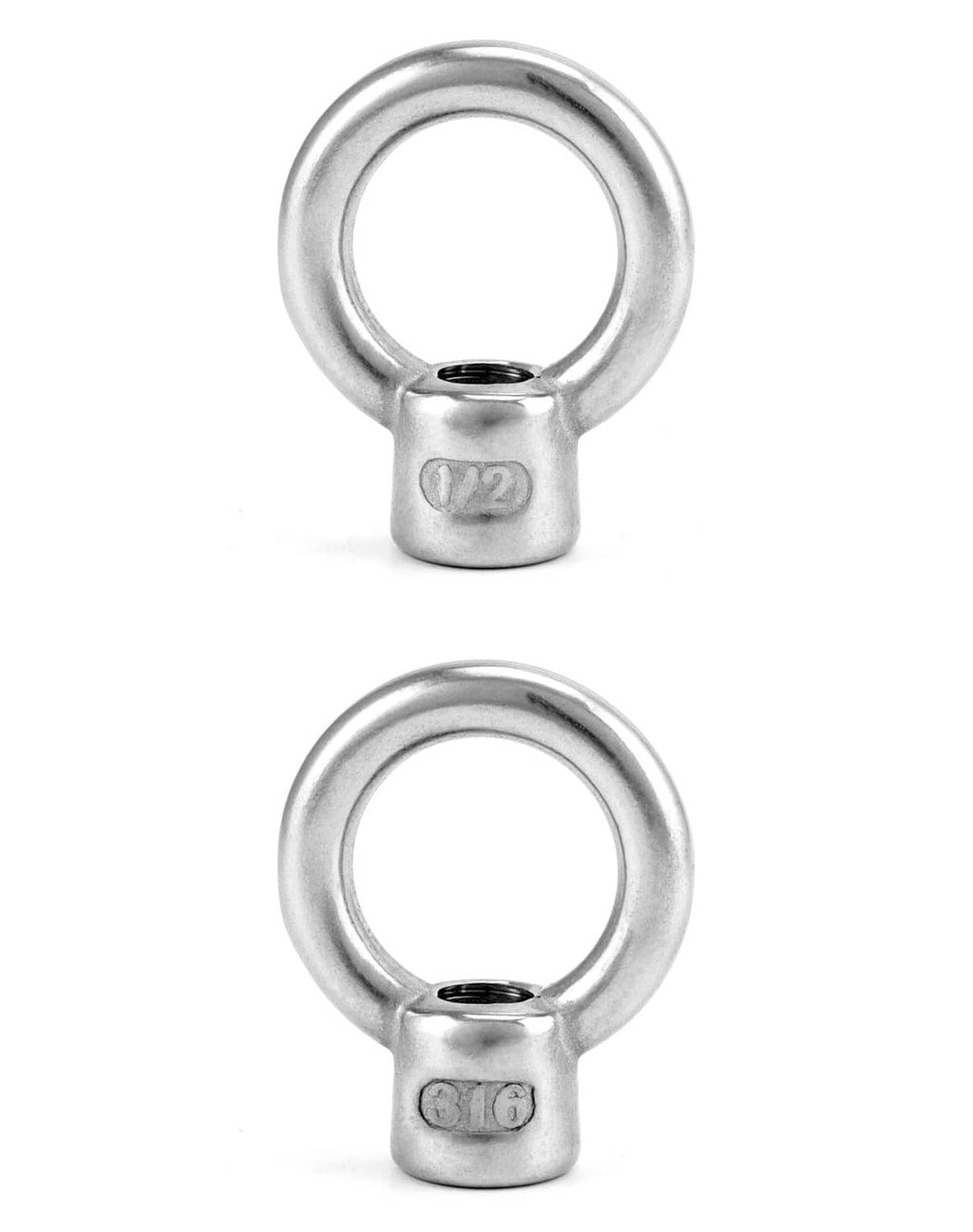 Stainless lifting eye nuts, 1/2 in UNC thread, two close-up eye rings