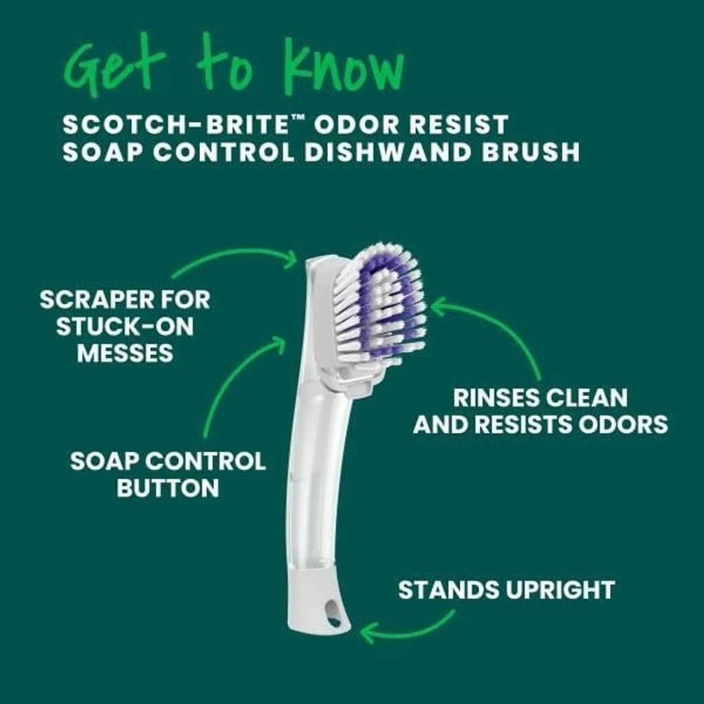 Scotch-Brite dishwand brush with purple bristles, upright stand design