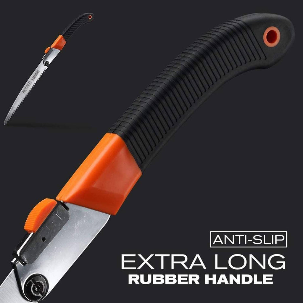 Extra-long folding saw handle with anti-slip rubber grip and orange accents