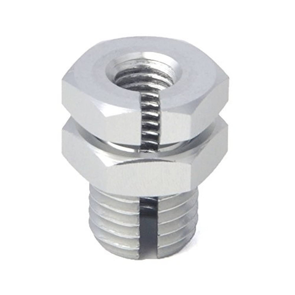 Metal threaded adapter fitting close-up with internal thread opening, silver
