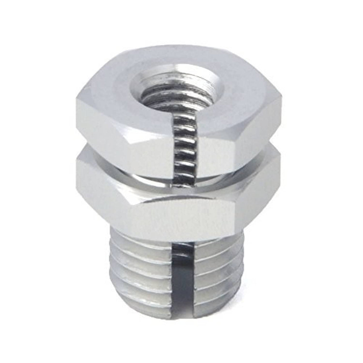 Metal threaded adapter fitting close-up with internal thread opening, silver