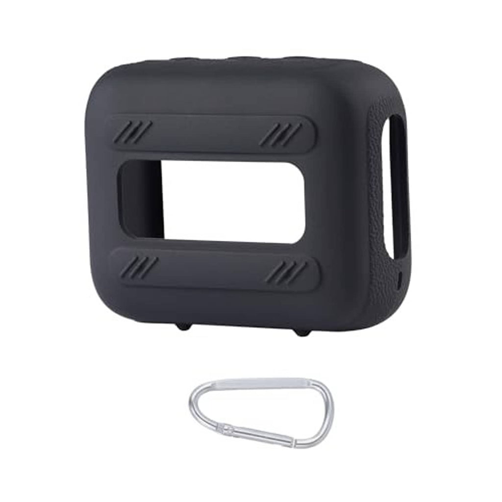 Black silicone speaker case with side openings and carabiner clip