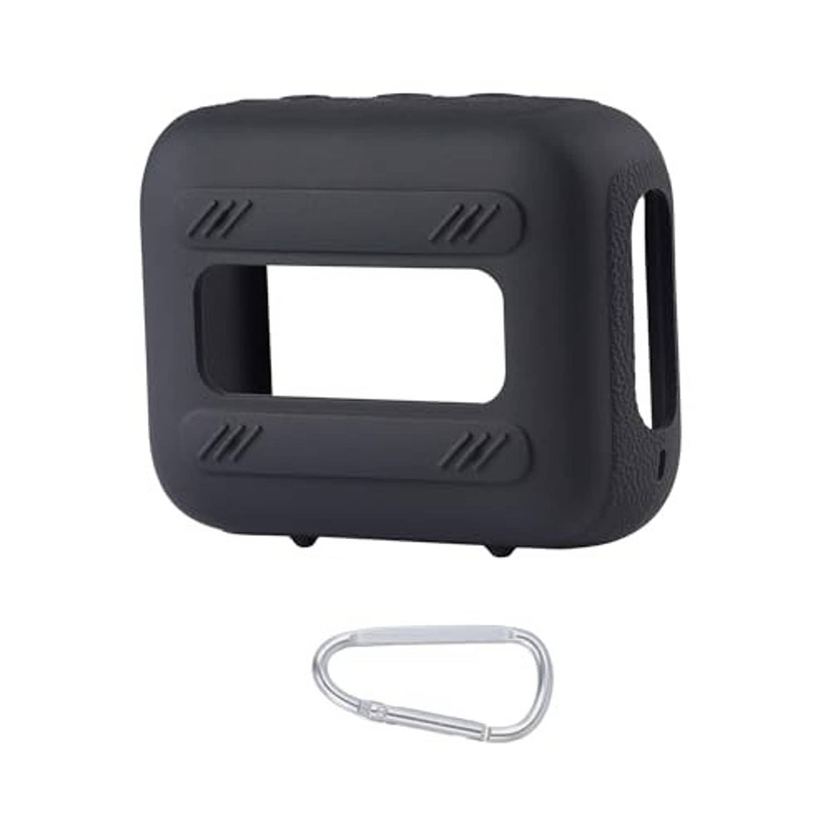 Black silicone speaker case with side openings and carabiner clip