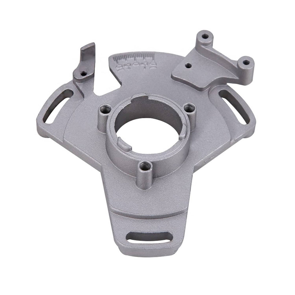 Gray adjustable timing plate with central round opening and embossed measurement markings