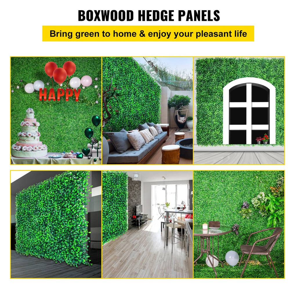 Artificial boxwood hedge panel with dense green foliage, shown as wall sections