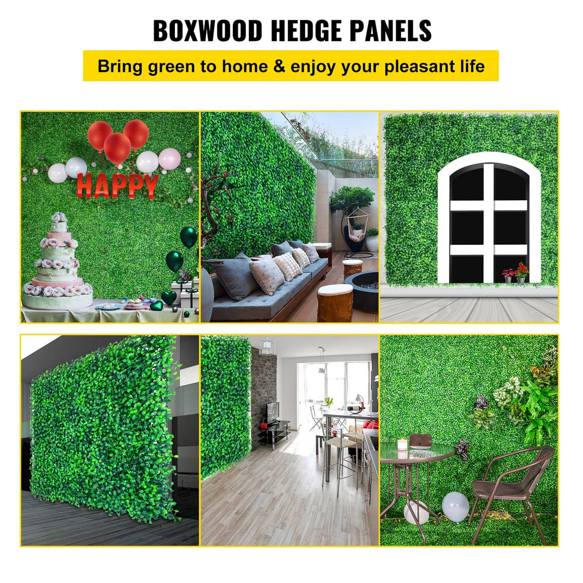 Artificial boxwood hedge panel with dense green foliage, shown as wall sections