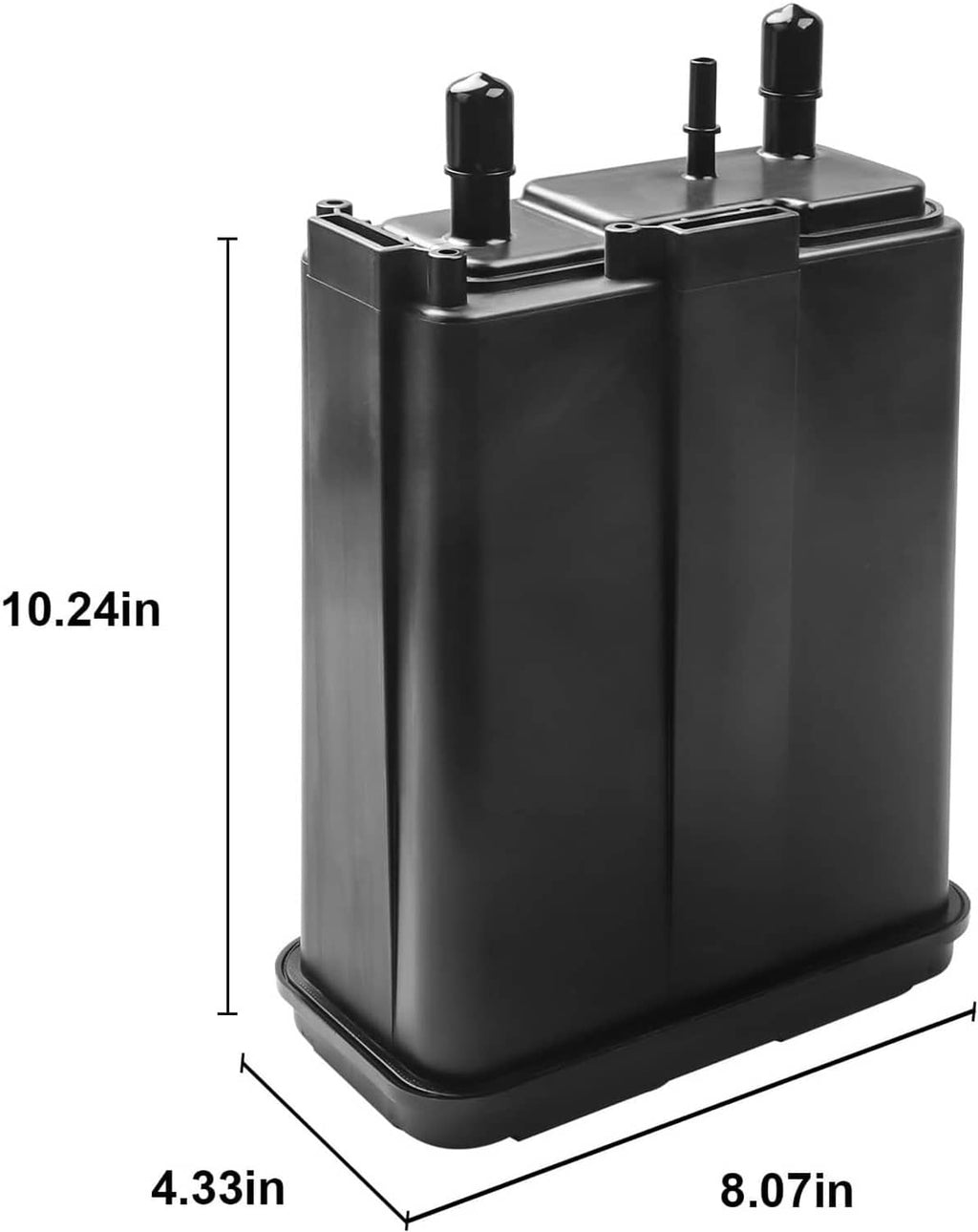 Black fuel vapor canister standing upright with two top inlet ports