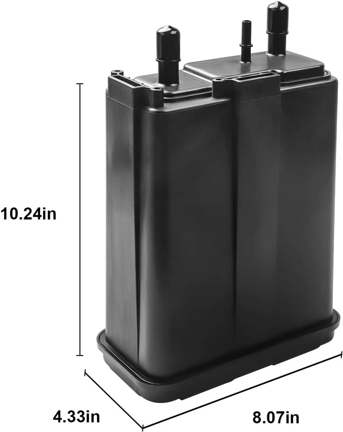 Black fuel vapor canister standing upright with two top inlet ports