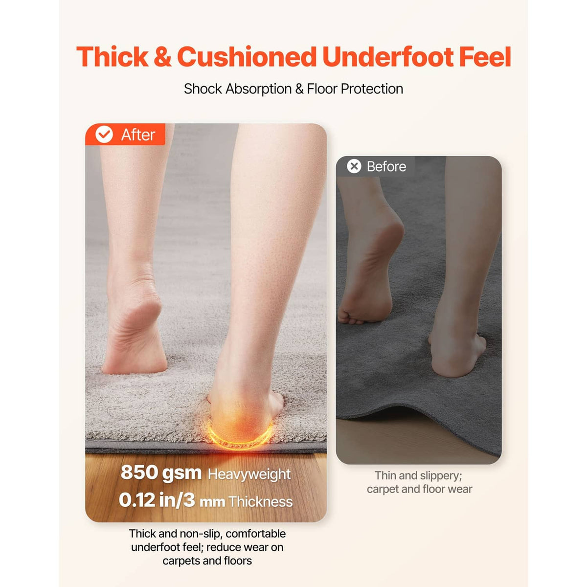 Thick cushioned underfelt rug pad in light gray with shock-absorbing feel