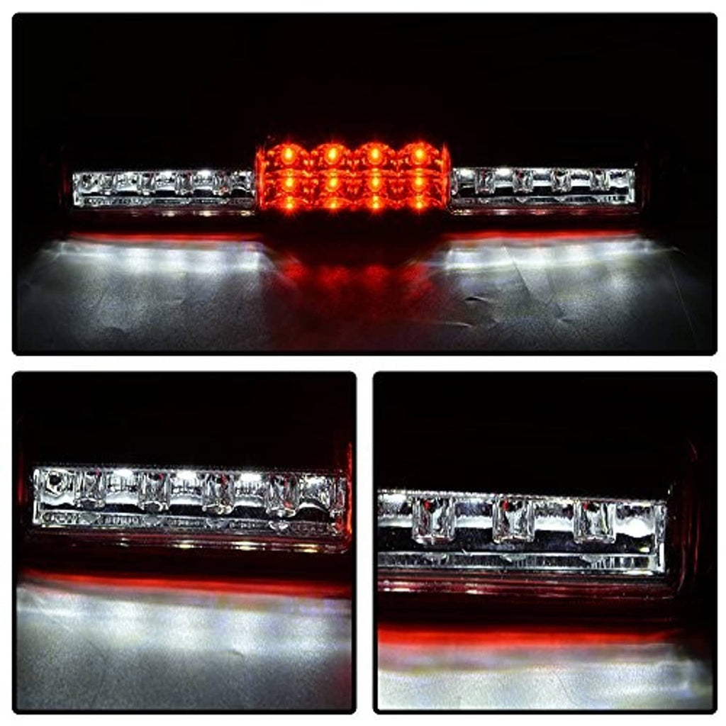 Lit red LED third brake light with central amber-red rows and chrome side strips