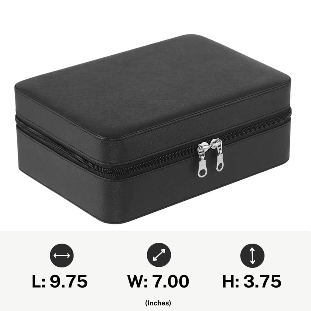 Black PU leather jewelry box with double zipper and silver metal hardware