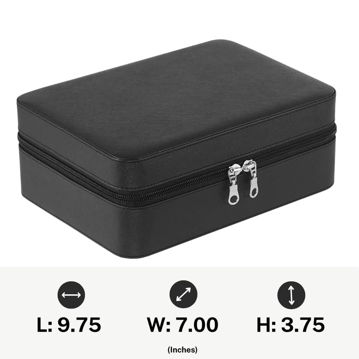 Black PU leather jewelry box with double zipper and silver metal hardware