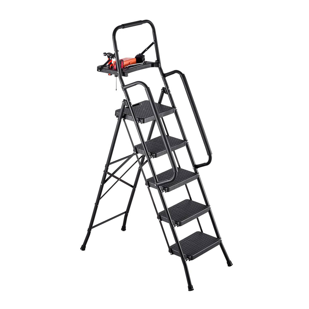 5-step steel folding ladder with tool tray, anti-slip steps, and dual handrails, black.