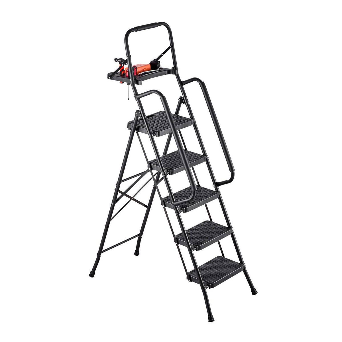 5-step steel folding ladder with tool tray, anti-slip steps, and dual handrails, black.