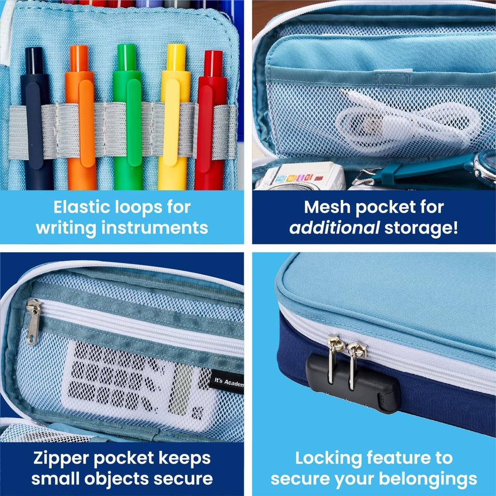 Blue pencil case details: elastic loops, mesh pocket, and locking latch on front.