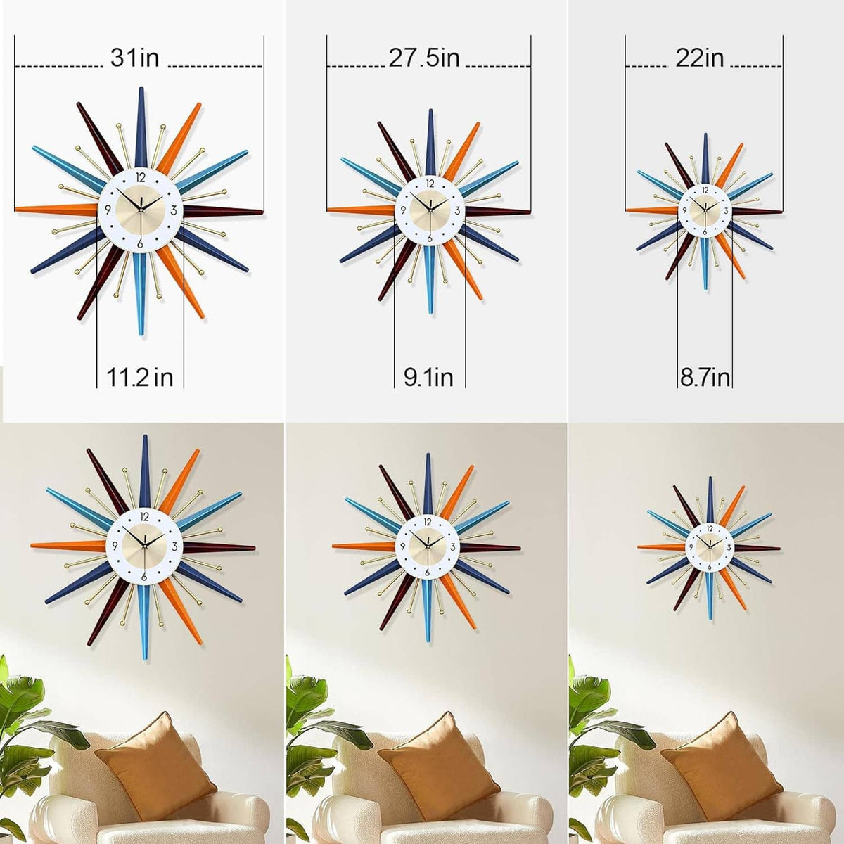 Starburst wall clock size comparison with multicolor rays and white dial in three views.