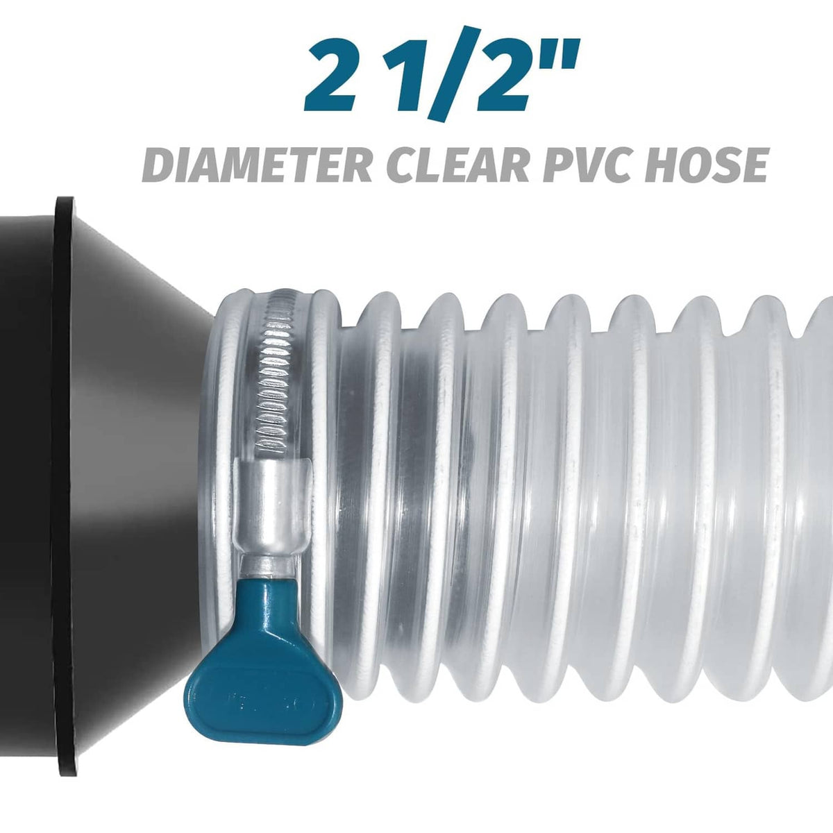 2-1/2 in clear PVC dust collection hose with ribbed surface and blue connector fitting