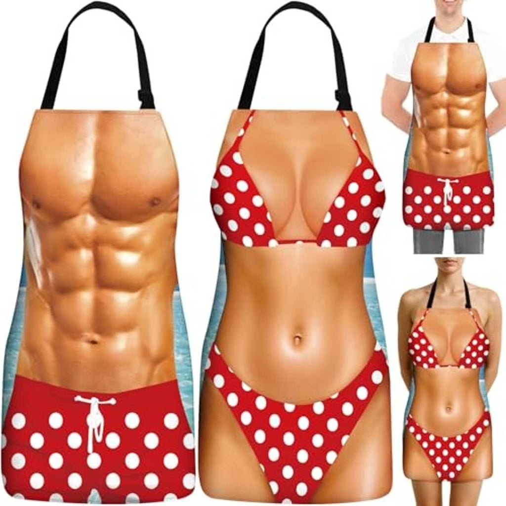 Set of 2 red polka-dot waterproof aprons, black straps, adjustable neck and waist ties