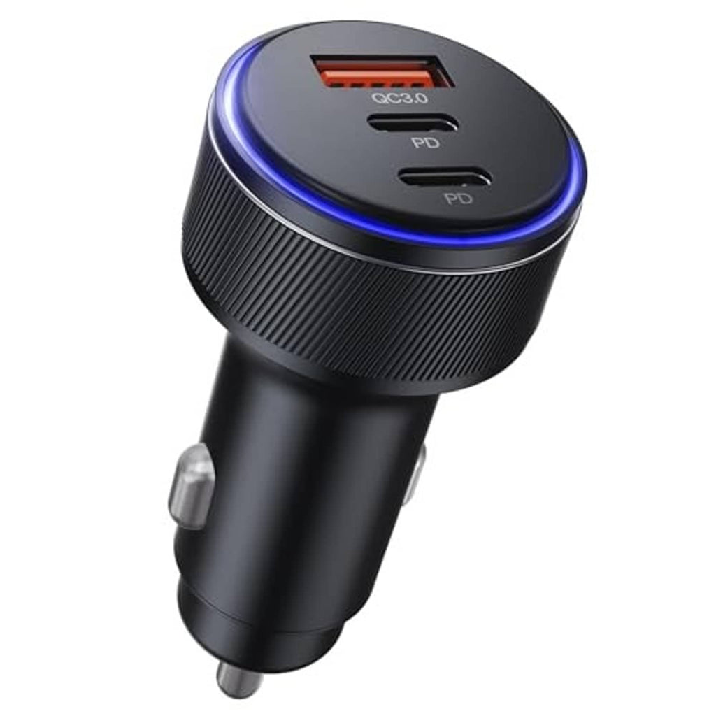 Black dual-port USB car charger with blue LED ring and textured grip body