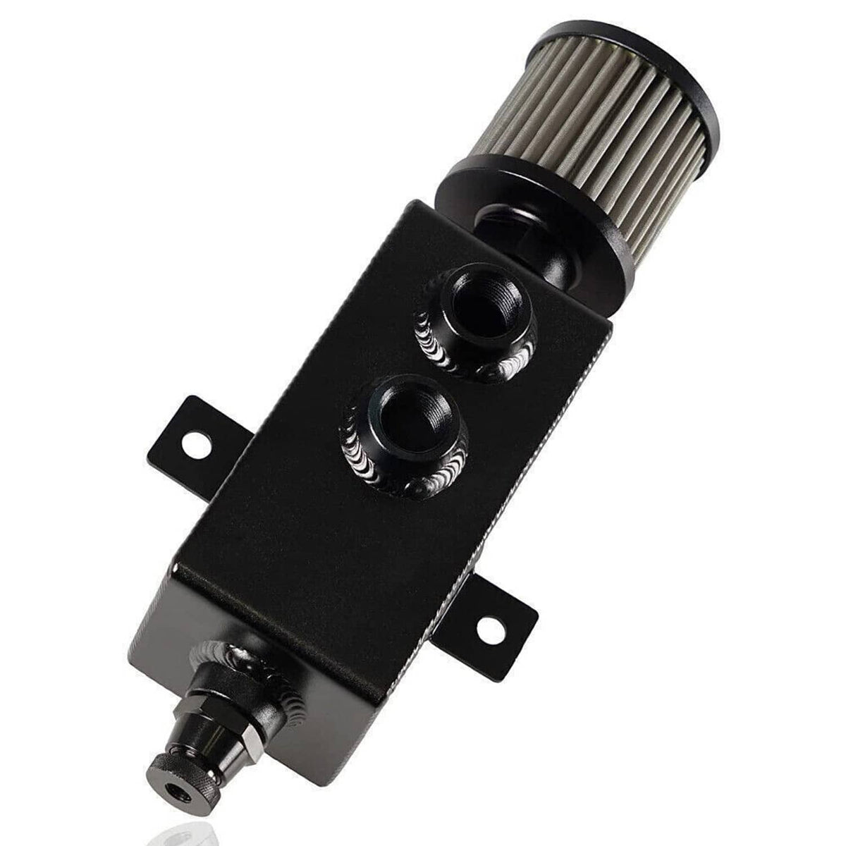 Oil catch can reservoir with breather filter and two threaded ports for fittings