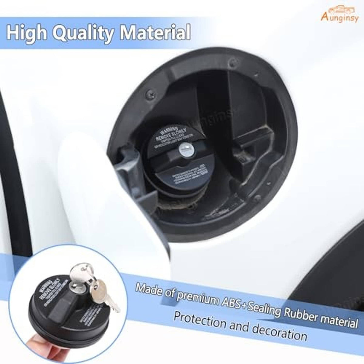 Black fuel tank lock cap replacement with key and warning label on circular cover