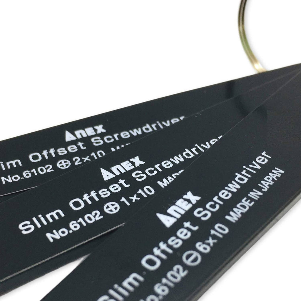 Black slim offset screwdriver set with printed size markings on bar