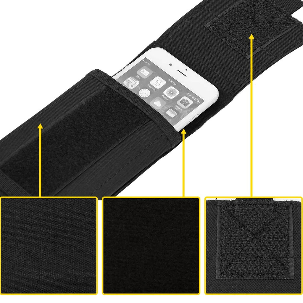 Black phone holster pouch with hook-and-loop interior padding and layered compartments