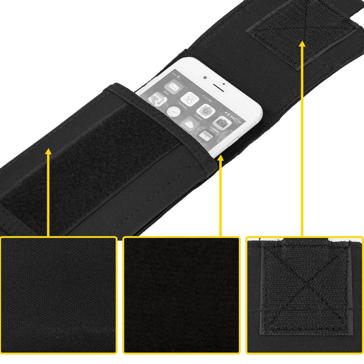 Black phone holster pouch with hook-and-loop interior padding and layered compartments