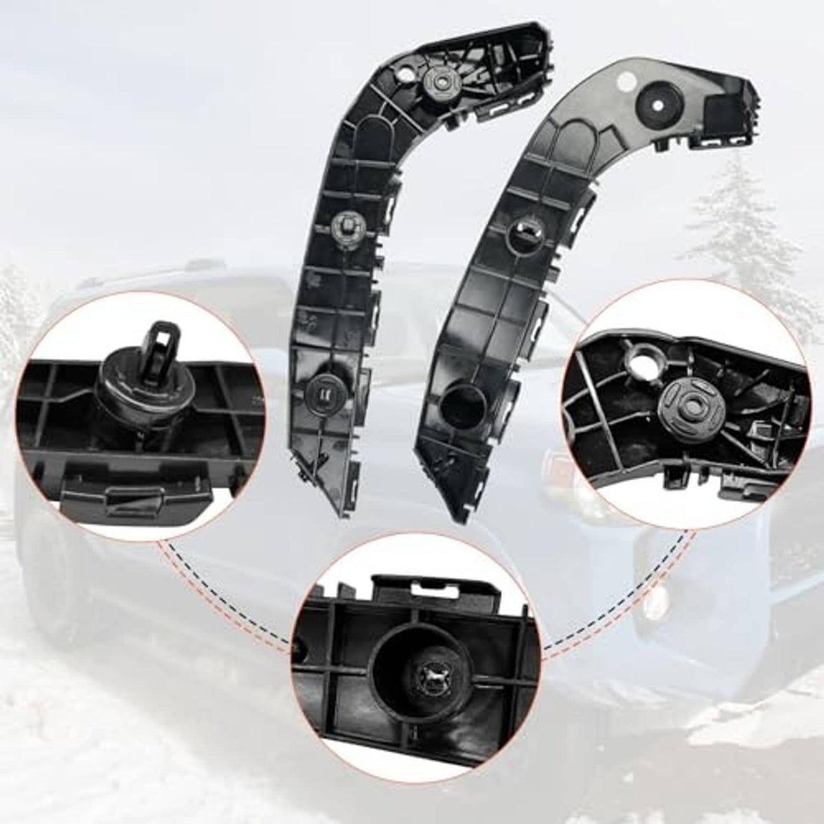 Pair of front bumper brackets, black plastic with circular details and mounting channels