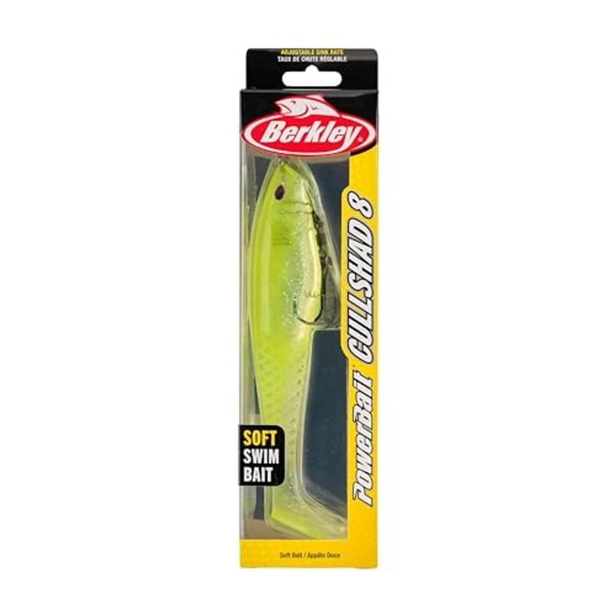 Berkley PowerBait soft swim bait lure package, lime green cullshad style bait