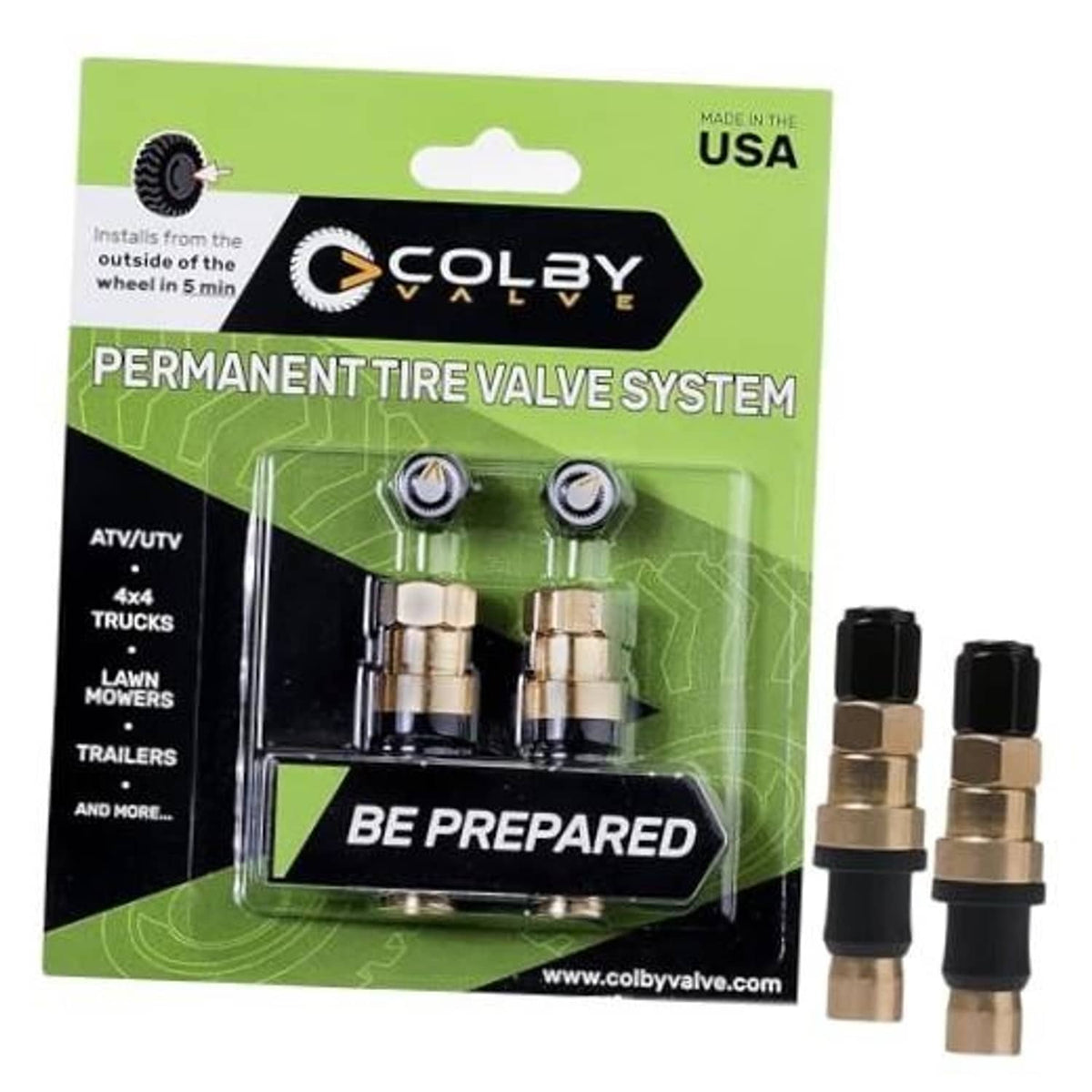 Permanent tire valve system kit with two metal replacement valve stems