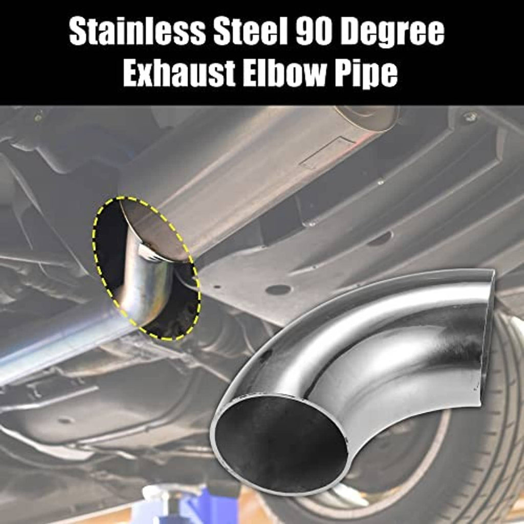 Stainless steel 90-degree exhaust elbow pipe with polished curved tube and dark outlet