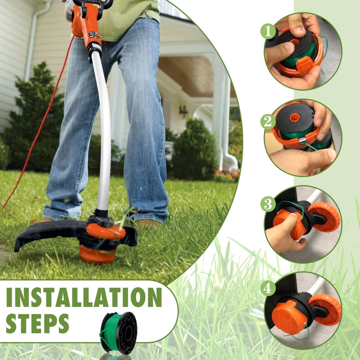 Green trimmer line spool installed onto trimmer head, hands shown